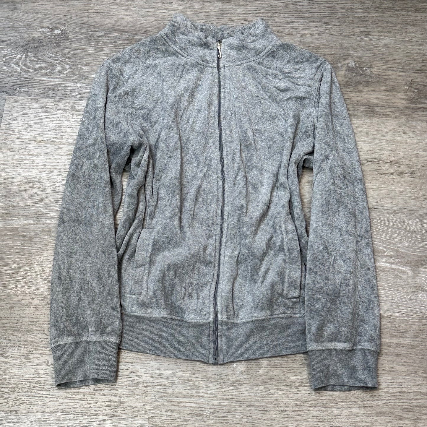 Juicy Couture Women Gray Velour Zip-Up Track Jacket Mock Neck Loungewear Size XL