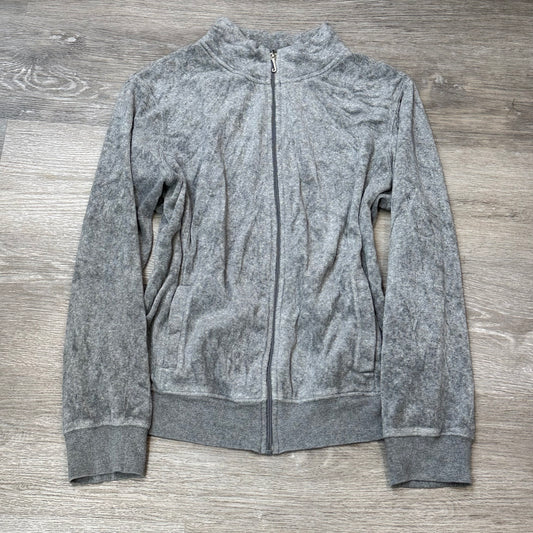 Juicy Couture Women Gray Velour Zip-Up Track Jacket Mock Neck Loungewear Size XL