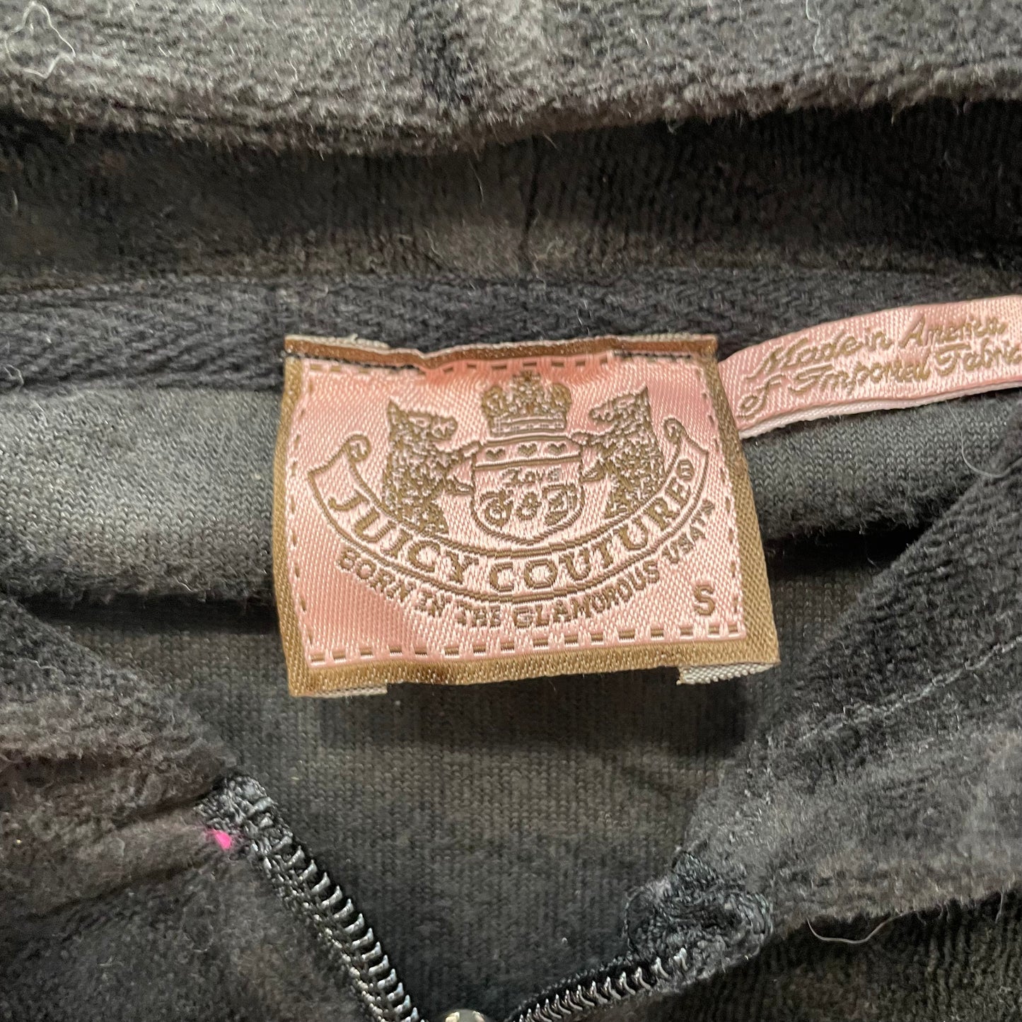 Vintage Juicy Couture Women Black Velour Zip-Up Hoodie Long Sleeve Pocket Size S