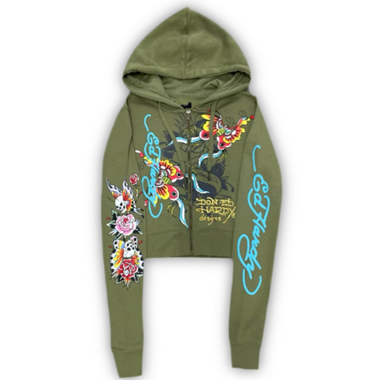 ED HARDY “BUTTERFLIES” SAGE CROPPED ZIP UP HOODIE - Clean Curriculums 