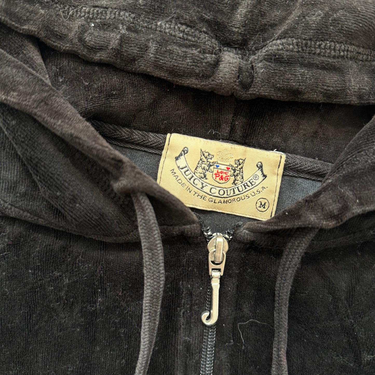 2003 Vintage Juicy Couture Women's Black Velour Zip-Up Hoodie Lace Cuffs Size M