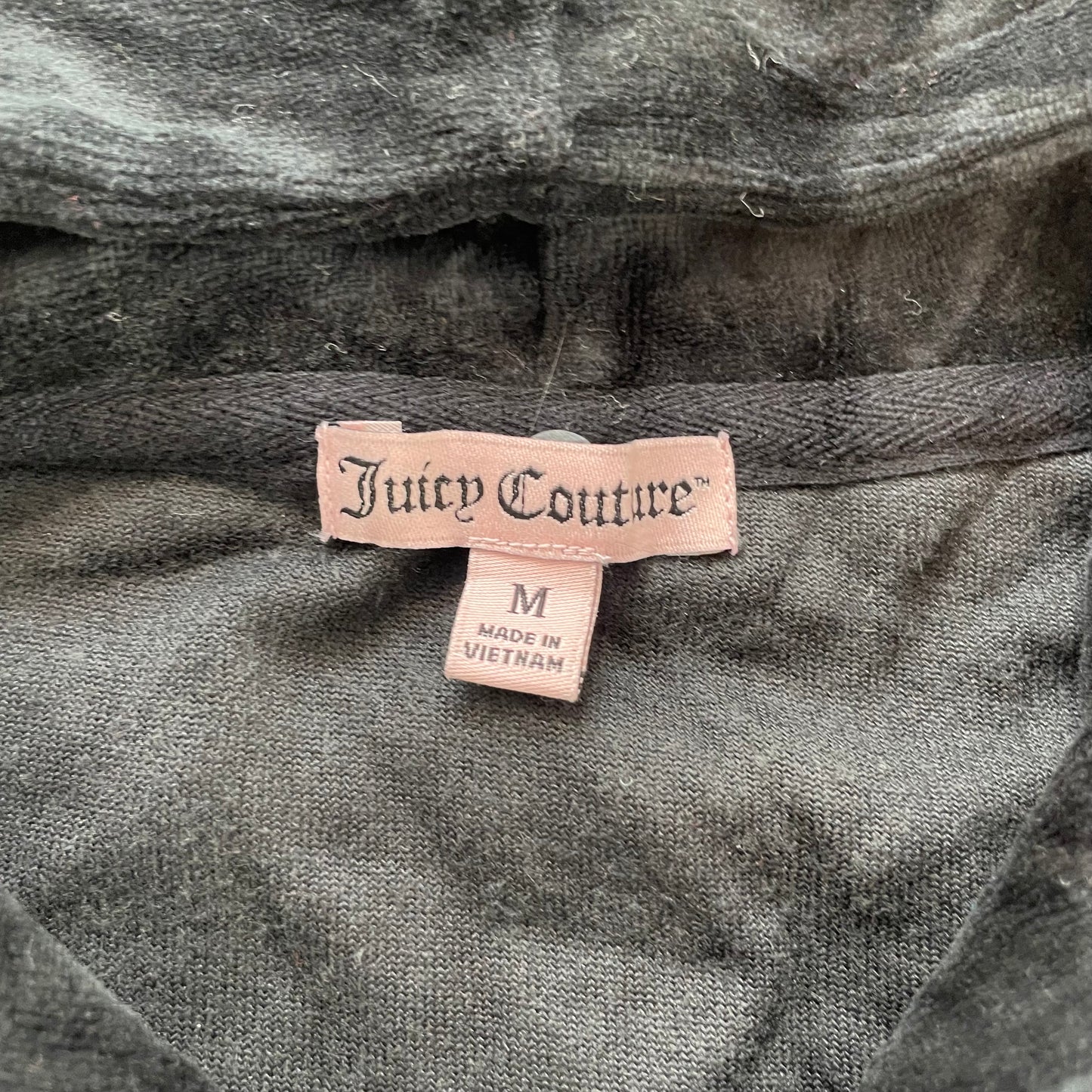Juicy Couture Women's Black Velour Zip-Up Long Hoodie Crest Sequin Logo Size M