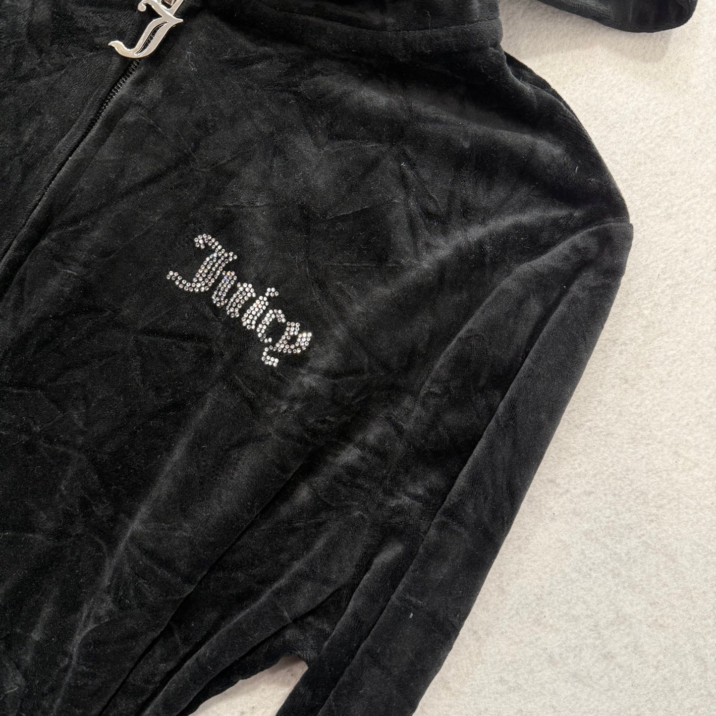 Juicy Couture Jet Black Velour Tracksuit Set Zip Up Hoodie & Flared Pant Size L