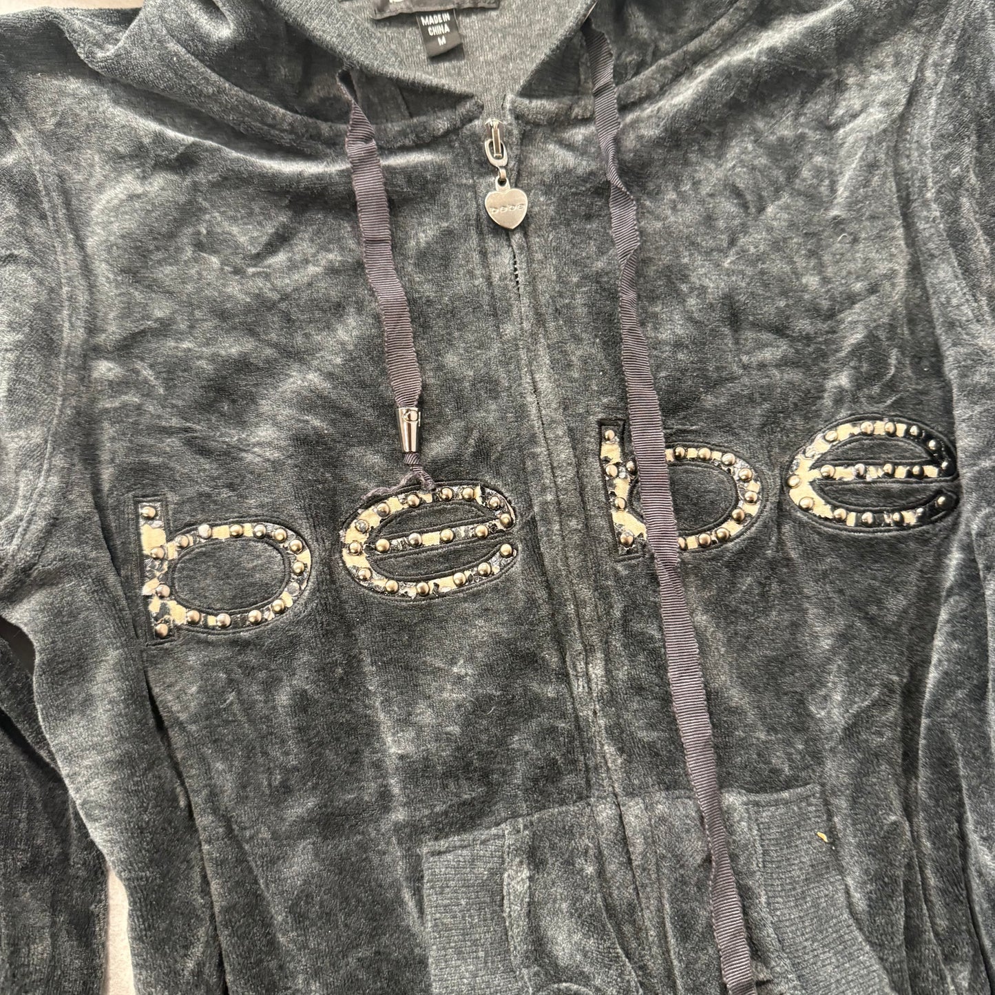 Bebe Women's Black Velour Zip-Up Hoodie Drawstring Rhinestones Logo Y2k Size M