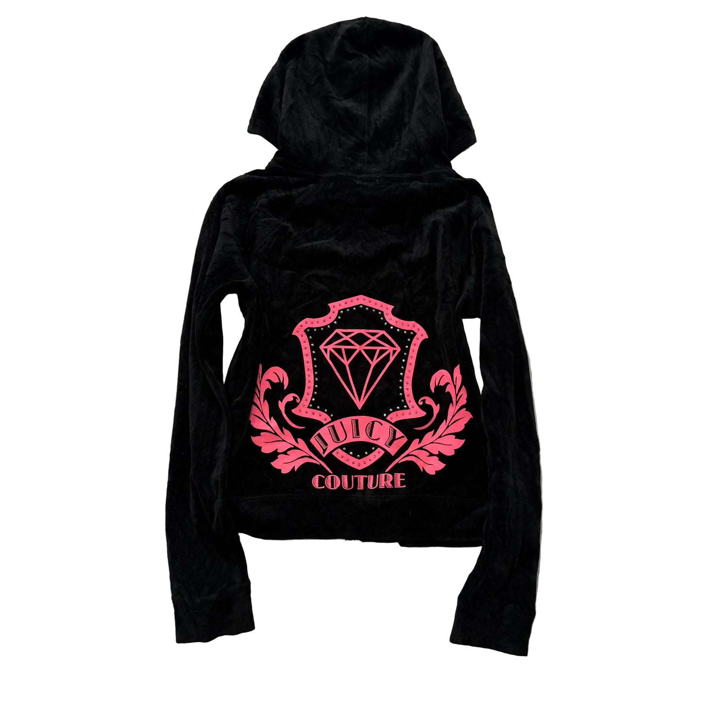 Juicy Couture Women's Black Velour Full Zip Hoodie Bedazzled Graphic Logo Size L