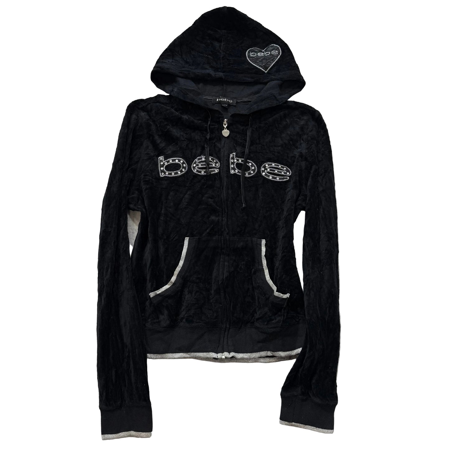 Bebe Women's Black Velour Full Zip Hoodie Rhinestones Logo Loungewear Y2K Size M