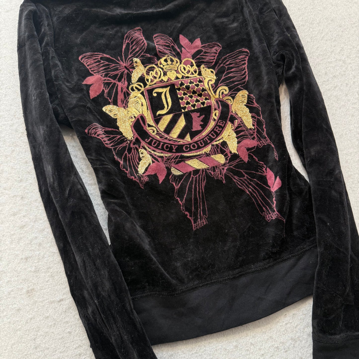 Vtg Juicy Couture Black Velour Tracksuit Set Embroidered Hoodie & Pant Size S