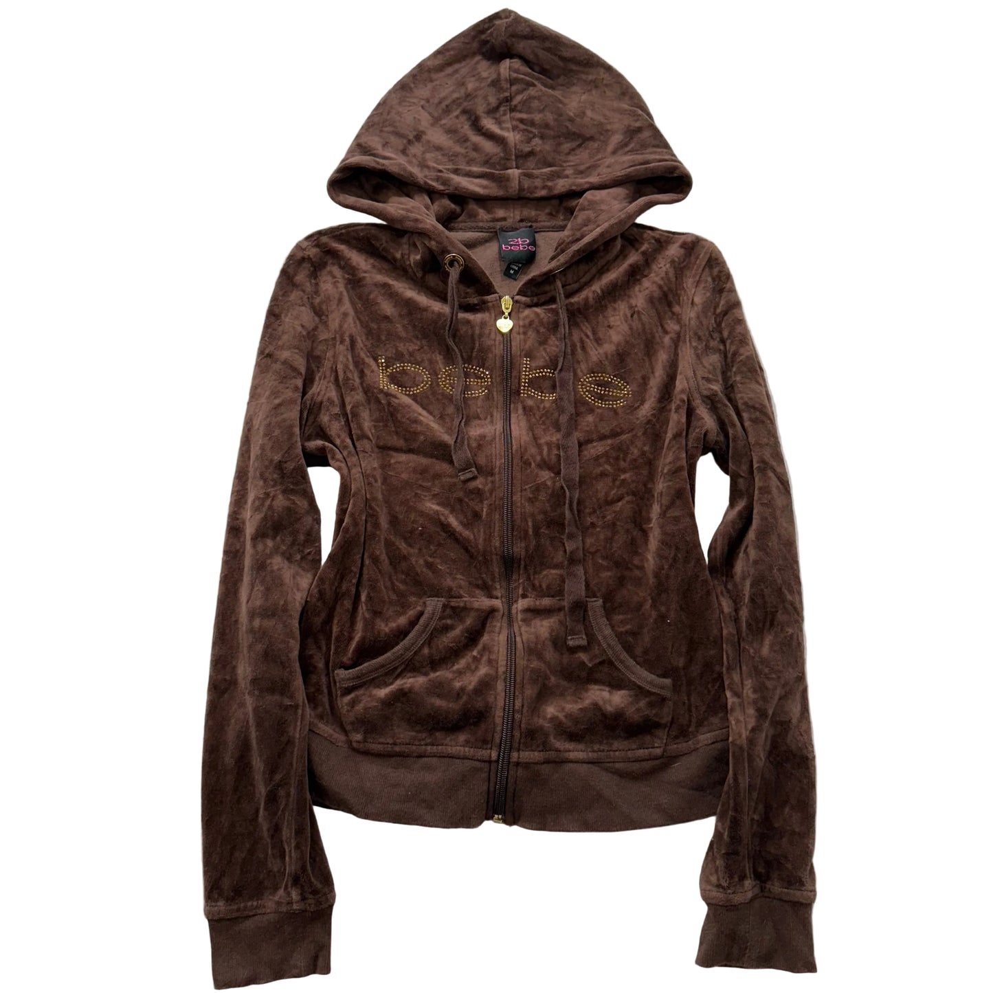 Bebe Women's Chocolate Brown Velour Zip Up Hoodie Sequins Logo Loungewear Size M