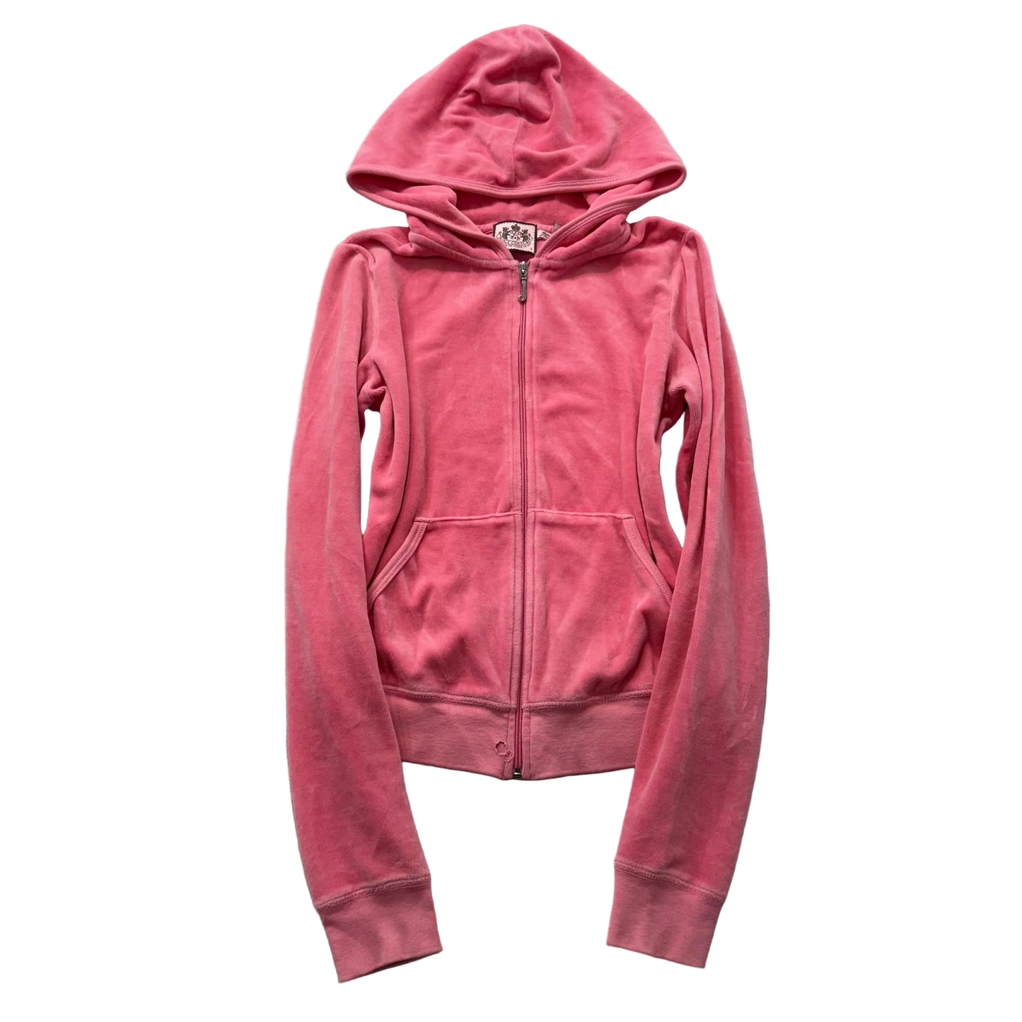 Vintage Juicy Couture Women's Pink Velour Zip-Up Hoodie Loungewear Pocket Size S