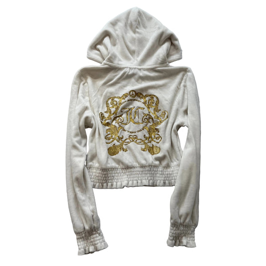 Juicy Couture Women's White Velour Zip Up Cropped Hoodie Rhinestones Logo Size M