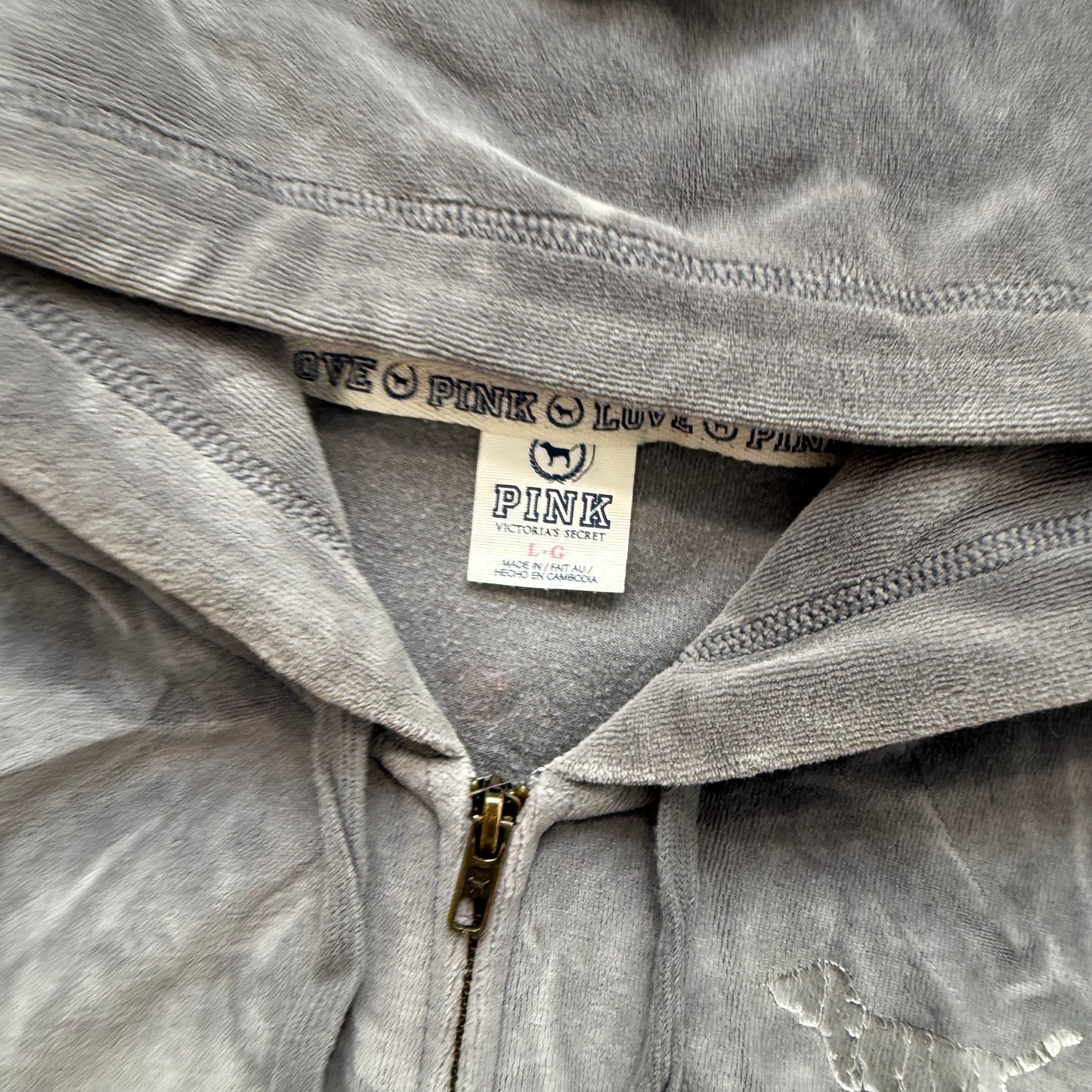 PINK Victoria's Secret Women's Charcoal Velour Zip Up Hoodie Graphic Logo Size L