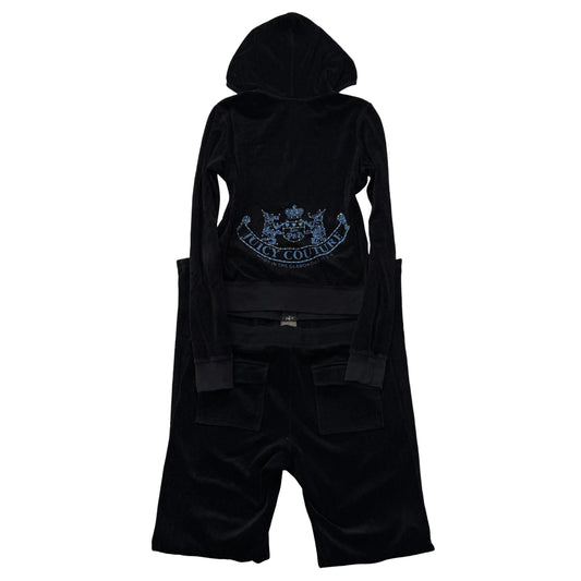 Juicy Couture Black Velour Tracksuit Set Zip Up Hoodie & Flared Pant Logo Size M