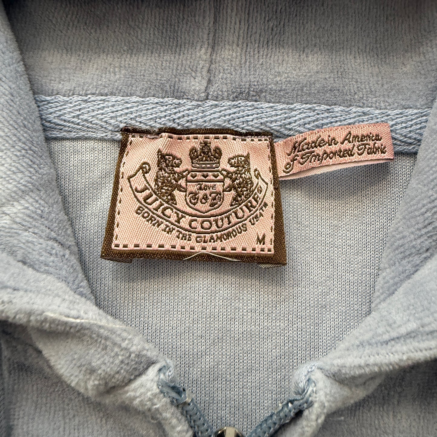 Juicy Couture Women Light Blue Velour Zip-Up Hoodie Pocket Butterfly Graphic - M