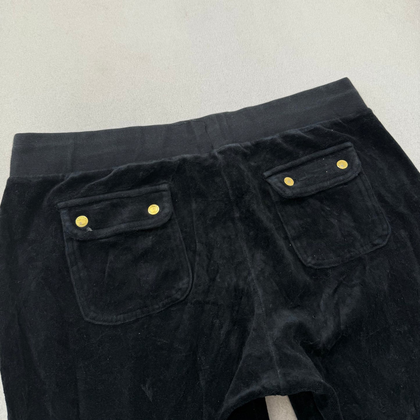 Juicy Couture Women's Black Velour Flared Track Pants Back Snap Pockets Size L