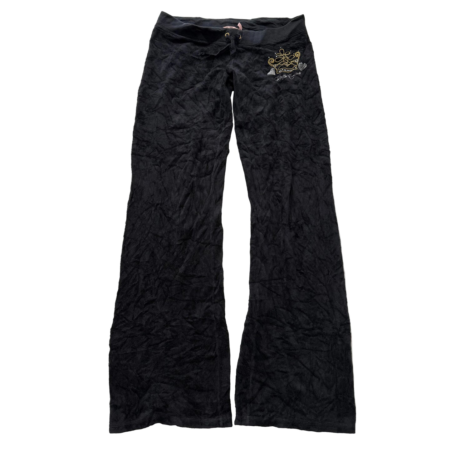 Vintage Juicy Couture Black Terrycloth Flared Track Pant Rhinestones Logo Size S