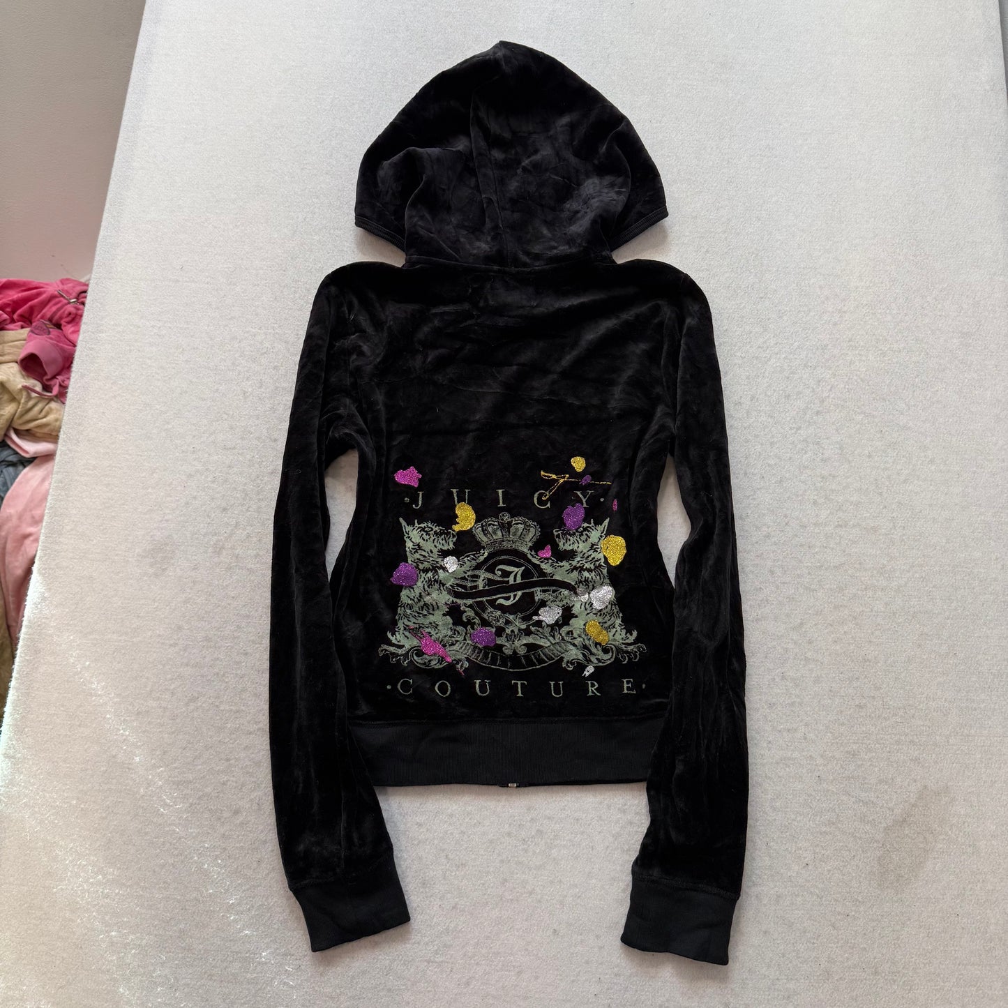 Juicy Couture Scottie Dogs Black Velour Tracksuit Set Hoodie & Pants Size M/S