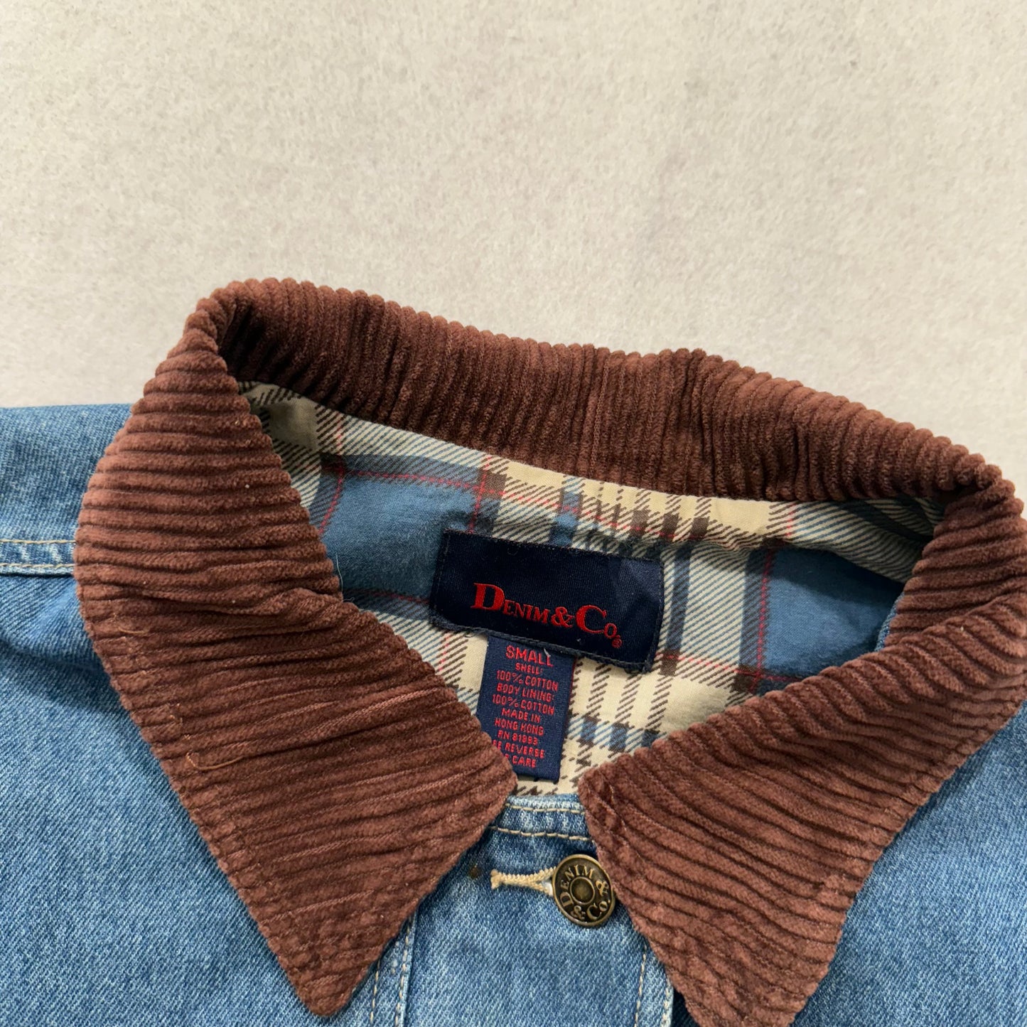 Denim & Co. Women's Blue Denim Button-Down Chore Jacket Corduroy Collar Size S