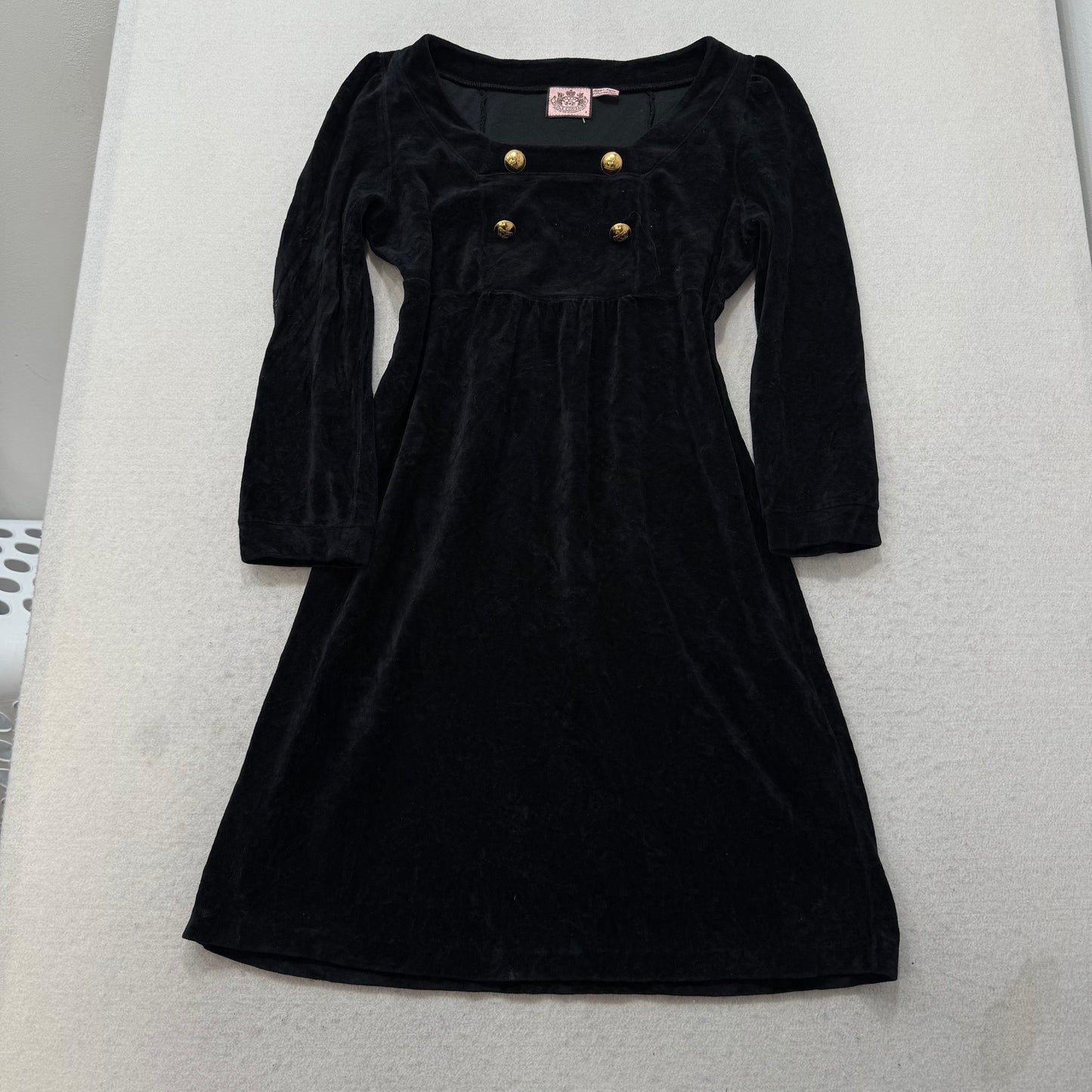 Juicy Couture Women's Black Velour Long Sleeve Dress Gold Crest Buttons Size P