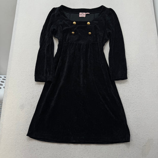 Juicy Couture Women's Black Velour Long Sleeve Dress Gold Crest Buttons Size P