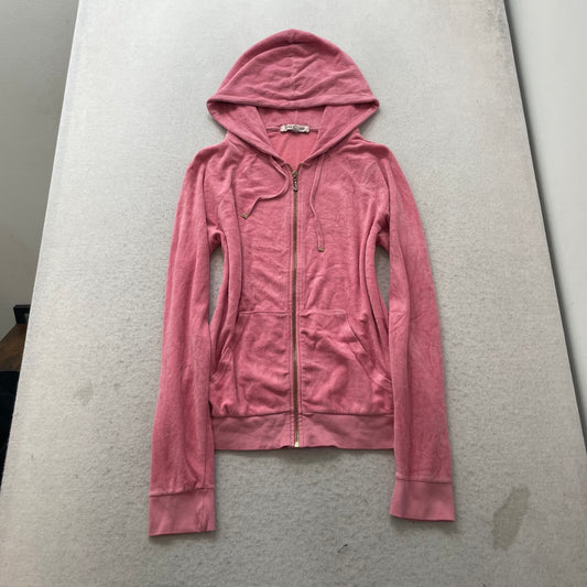 Juicy Couture Women's Pink Velour Full-Zip Hoodie Drawstring Pockets Y2k Size L