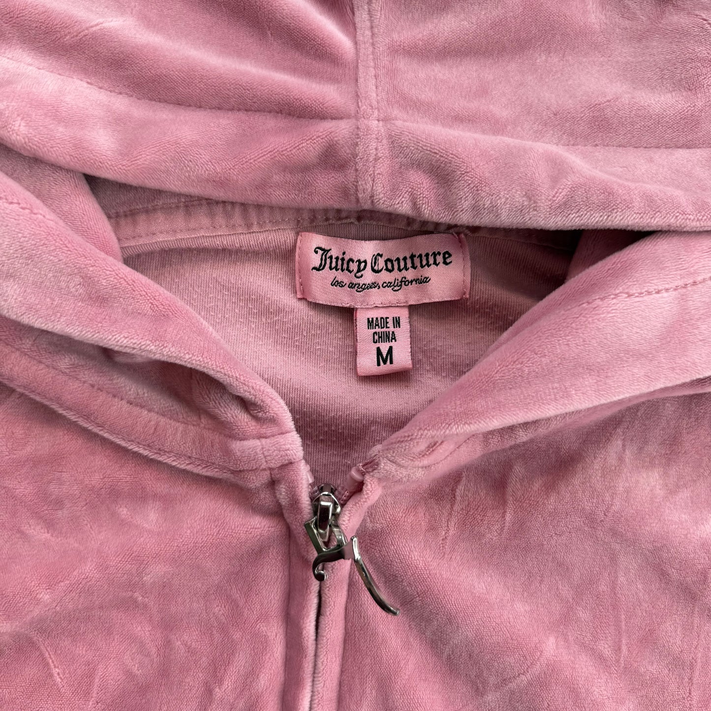 Juicy Couture Women's Pink Velour Zip-Up Cropped Hoodie Rhinestone Logo Size M