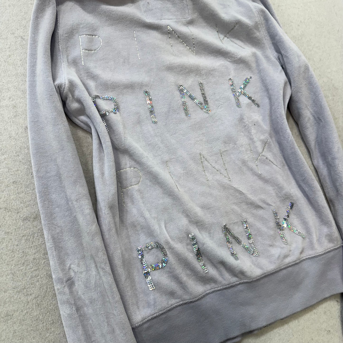 Vintage Victoria’s Secret PINK Gray Velour Sequin Hooded Zip Hoodie Size XS