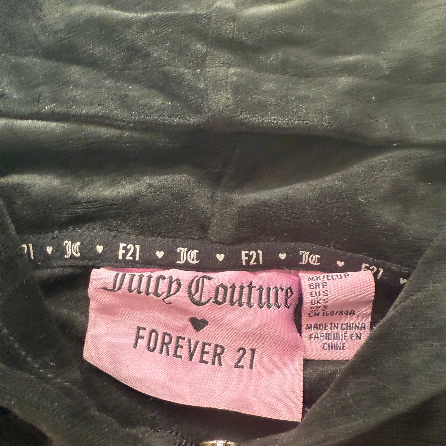 Juicy Couture Forever 21 Women's Black Velour Cropped Hoodie Rhinestones Size S