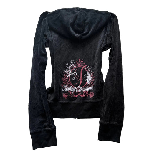 Juicy Couture Women Black Velour Zip-Up Hoodie Back Graphic Print Pockets Size M
