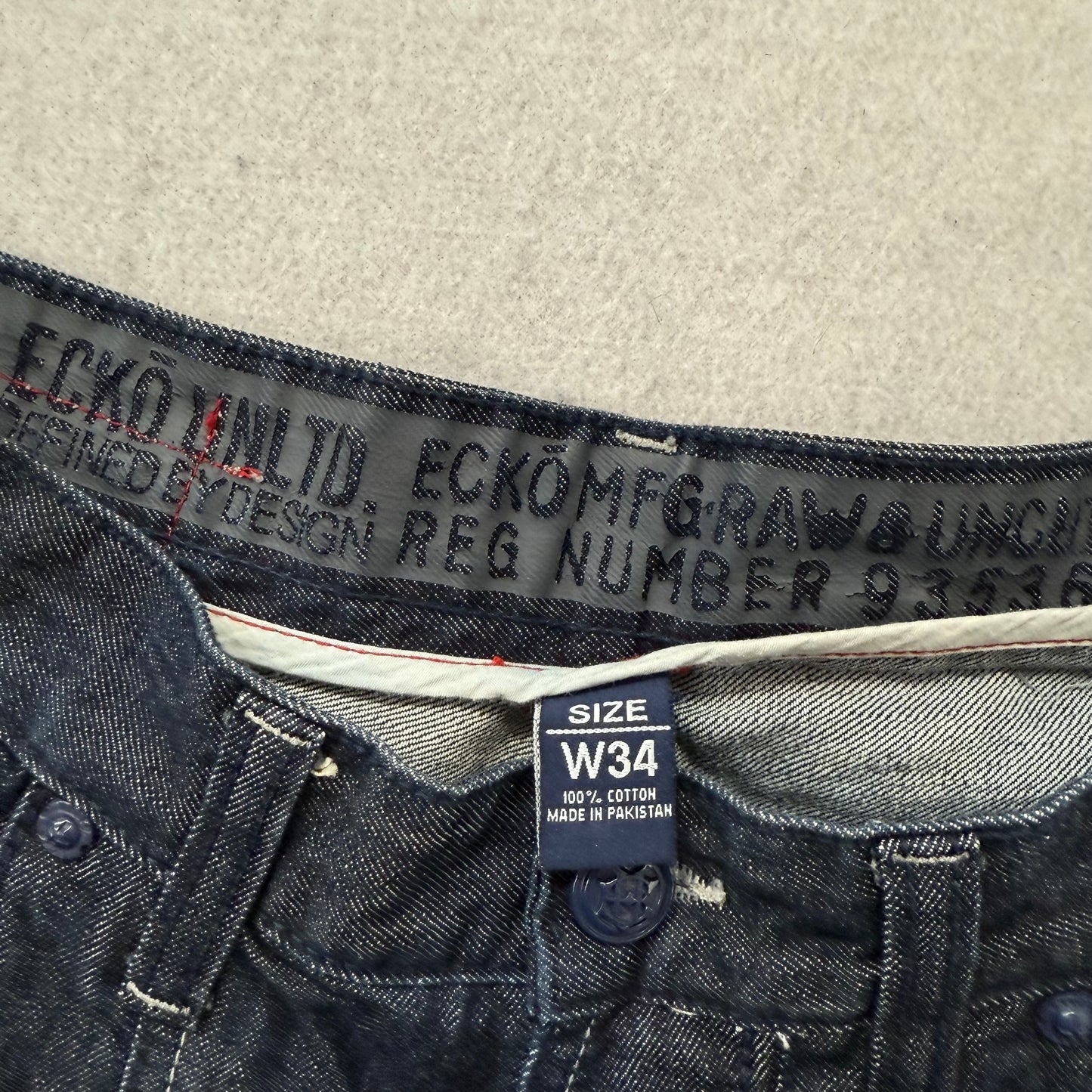 Ecko Unltd Men's Dark Indigo Raw Denim Wide Leg Baggy Jeans Streetwear Size 34