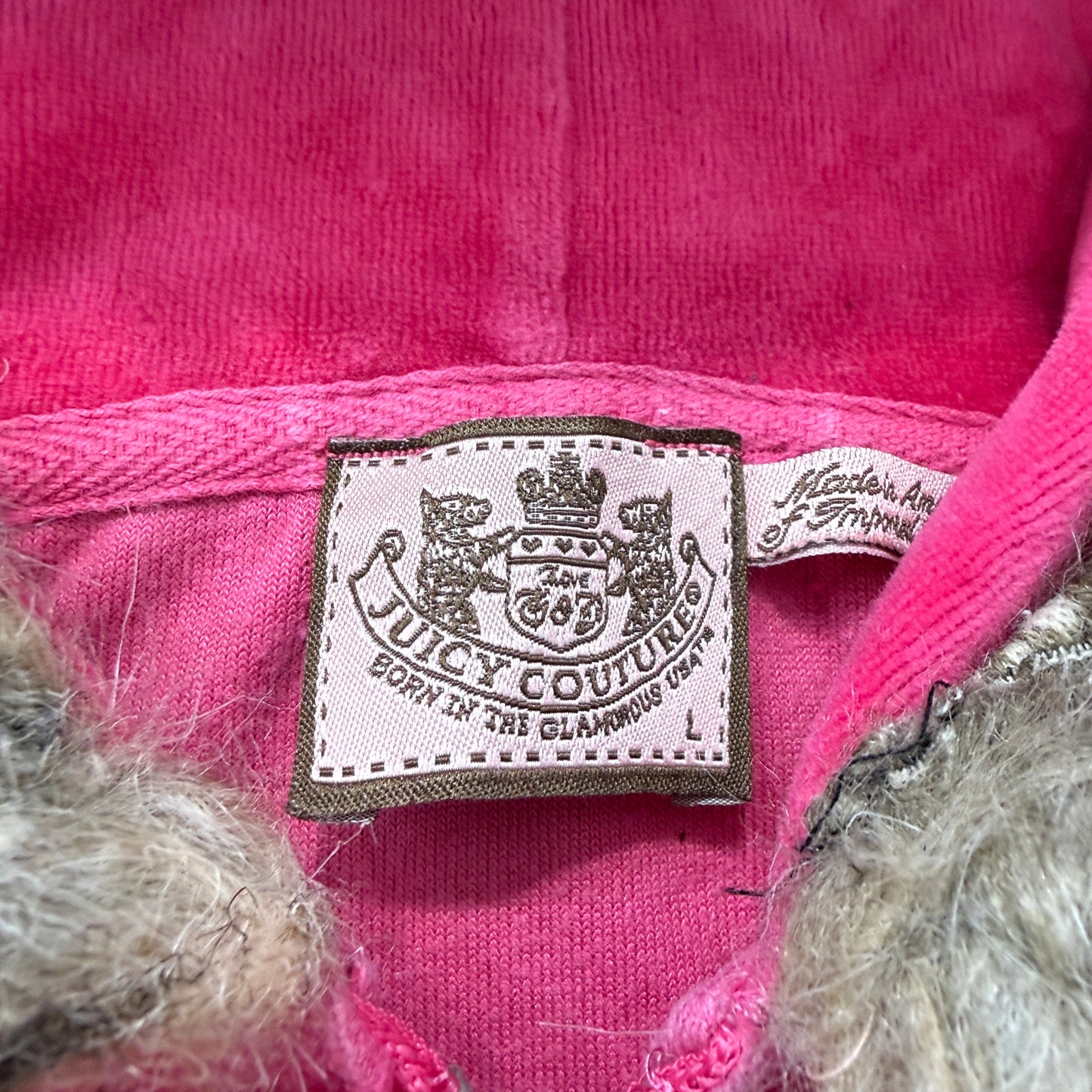 Vintage Juicy Couture Women's Pink Velour Zip-Up Faux Fur-Trimmed Hood Size L