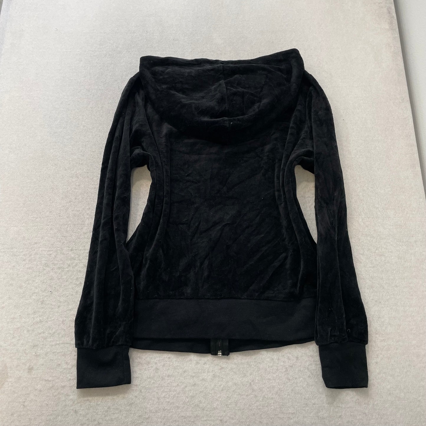 Juicy Couture Women's Black Velour Zip-Up Hoodie Drawstring Pockets Y2k Size XL