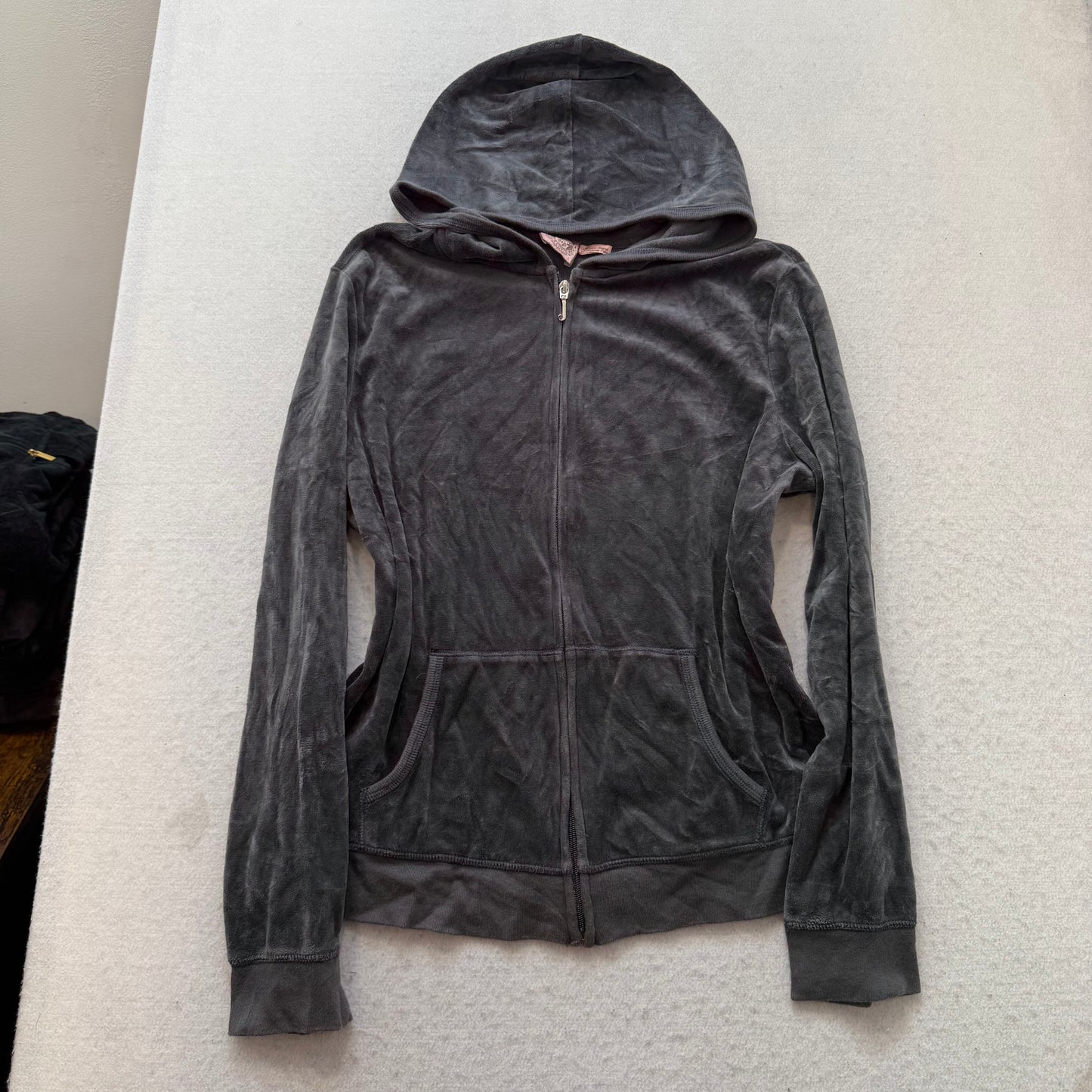 Vtg Juicy Couture Women's Dark Gray Velour Tracksuit Set Hoodie & Pants Size L/S