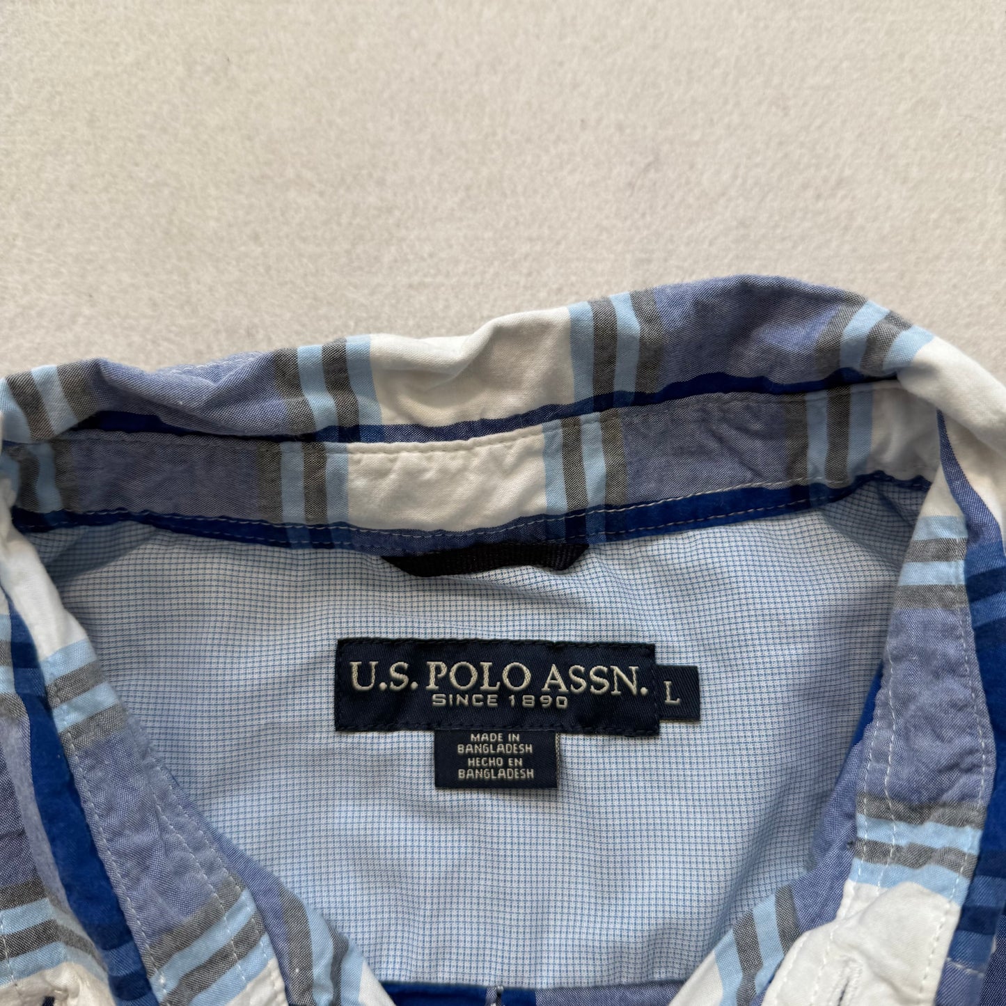 U.S. Polo Assn Men White Blue Plaid Cotton Button Down Shirt Short Sleeve Size L
