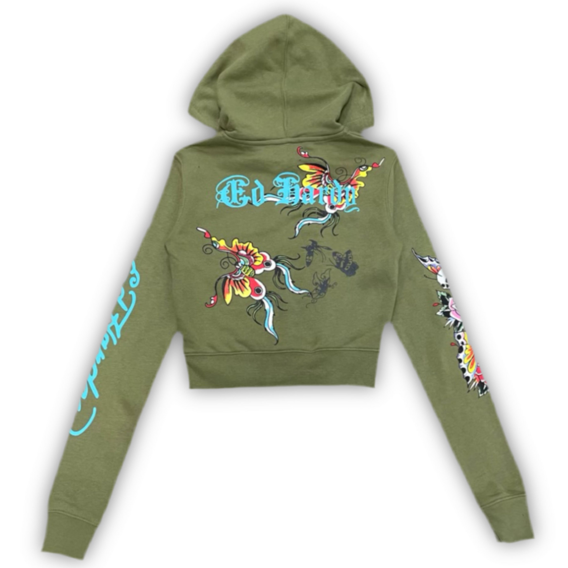 ED HARDY “BUTTERFLIES” SAGE CROPPED ZIP UP HOODIE - Clean Curriculums 