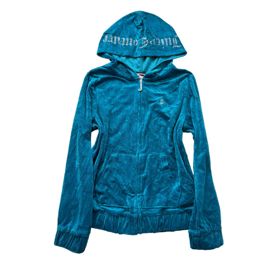 Juicy Couture Women's Turquoise Blue Velour Zip Up Hoodie Ruched Hem Logo Size L