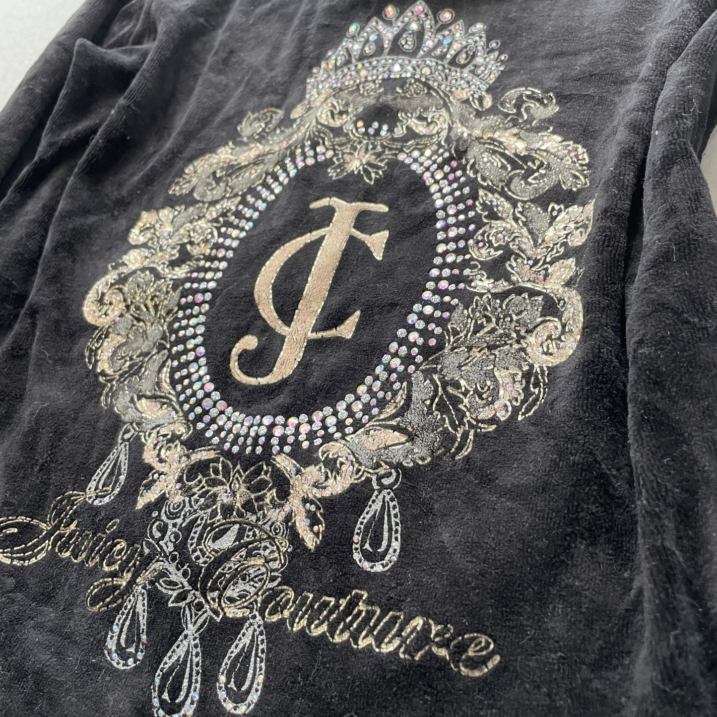 Juicy Couture Women's Black Velour Zip-Up Hoodie Pockets Embroidered Logo Size M
