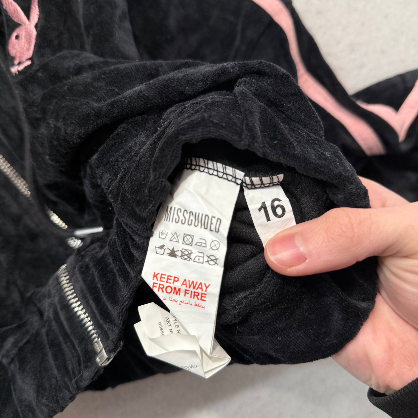 Playboy x Missguided Women Black Velour Zip-Up Cropped Hoodie Bunny Logo Size 16
