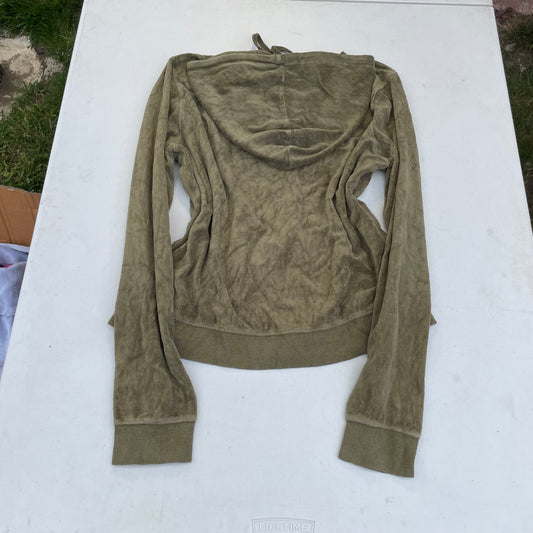 Vintage Juicy Couture Women's Brownish Grey Velour Zip-Up Hoodie Pockets Size L