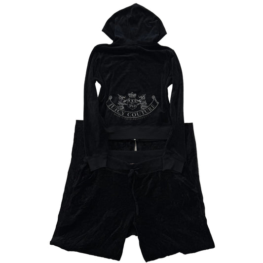 Juicy Couture Black Velour Tracksuit Set Zip Up Hoodie & Straight Pants Size L