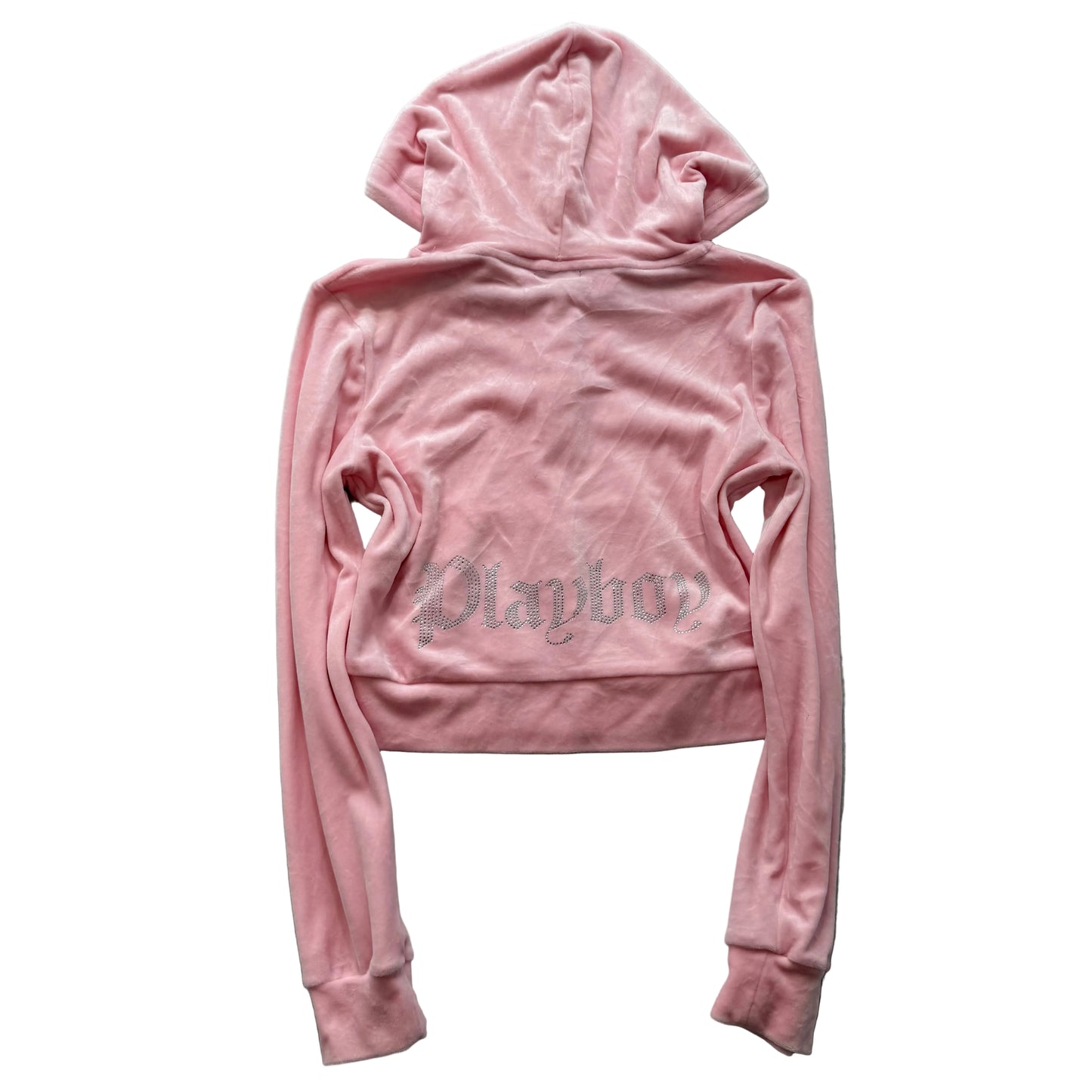 Playboy Womens Pink Velour Zip Up Cropped Fit Hoodie Rhinestones Logo Y2K Size M