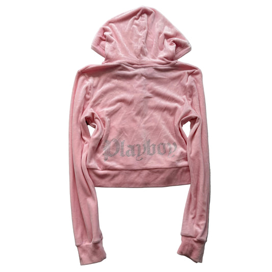 Playboy Womens Pink Velour Zip Up Cropped Fit Hoodie Rhinestones Logo Y2K Size M