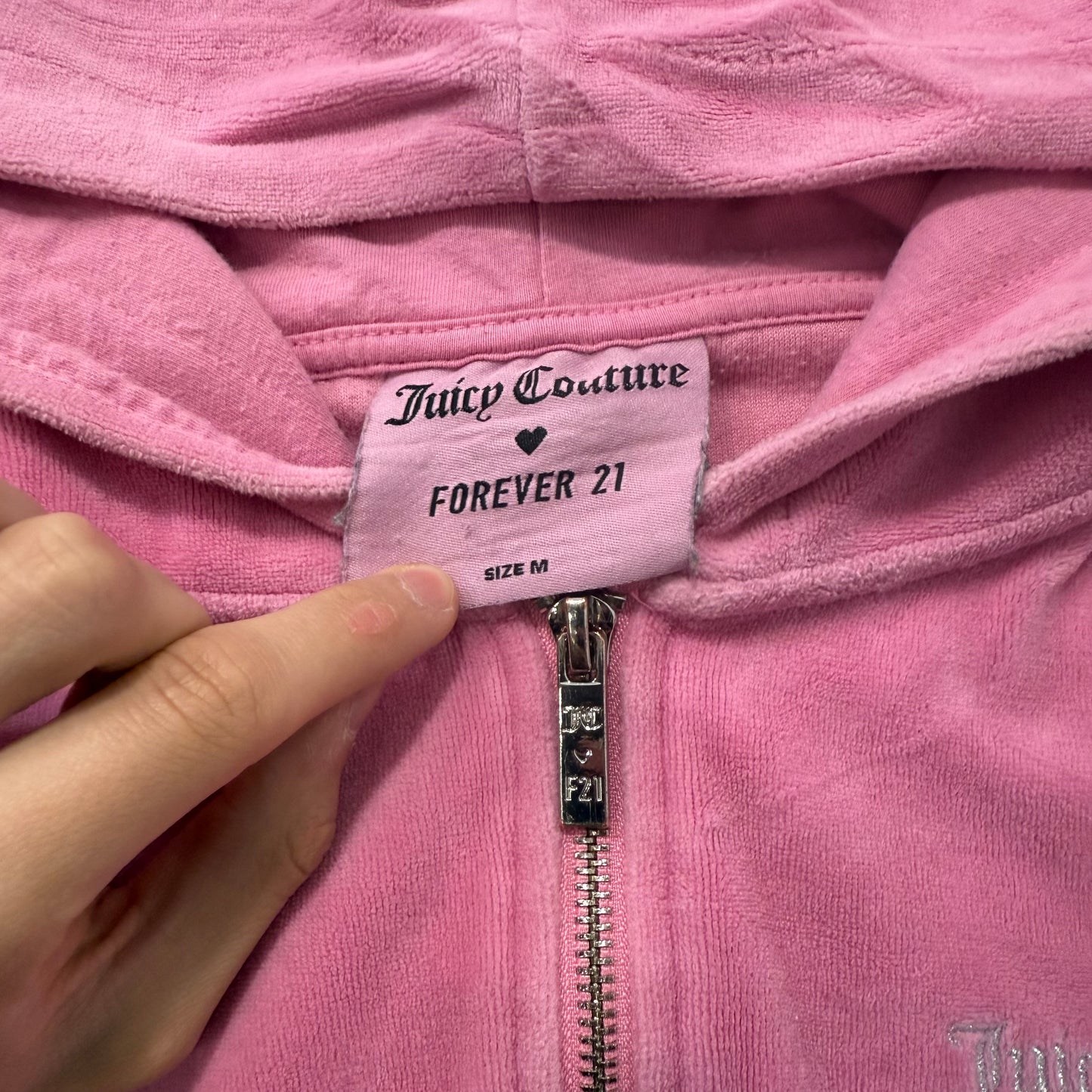 Juicy Couture Forever 21 Women Pink Velour Zip-Up Hoodie Rhinestones Logo Size M
