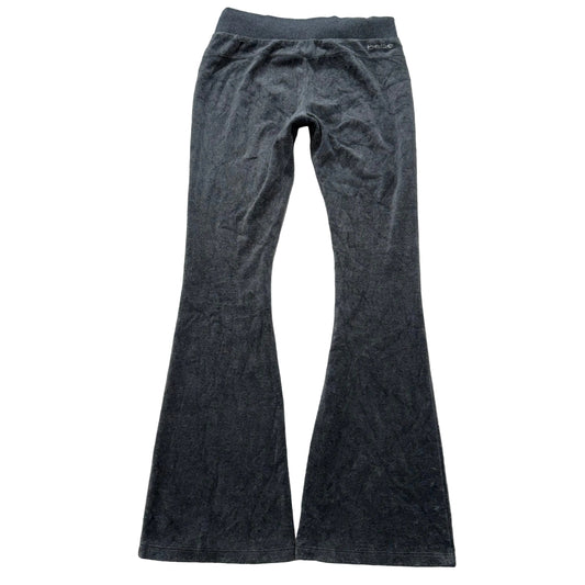 Bebe Women's Charcoal Grey Velour Flared Leg Track Pants Rhinestone Logo Size XS
