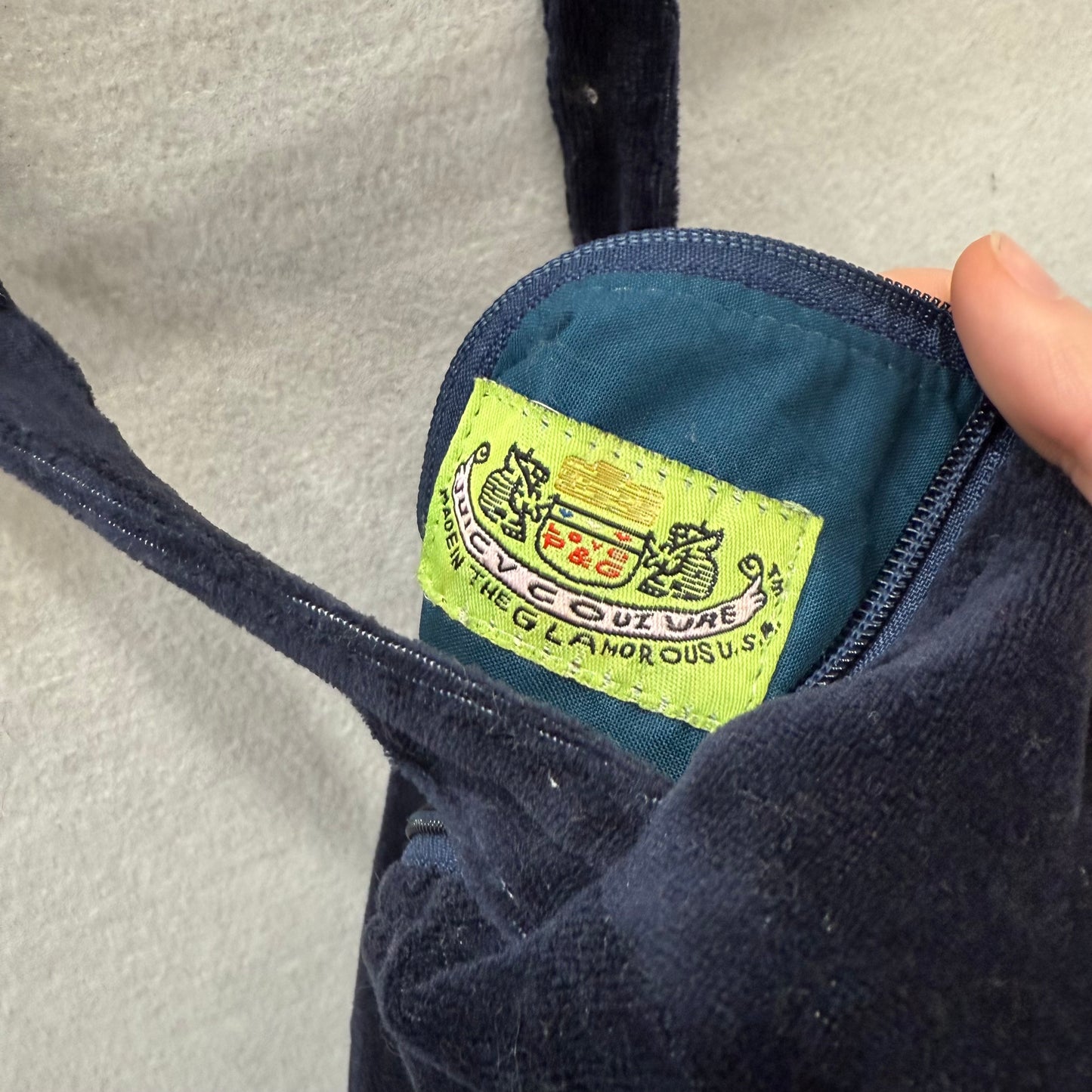 Juicy Couture Preppy Royalty Women's Navy Velour Embroidered Handmade Hobo Bag