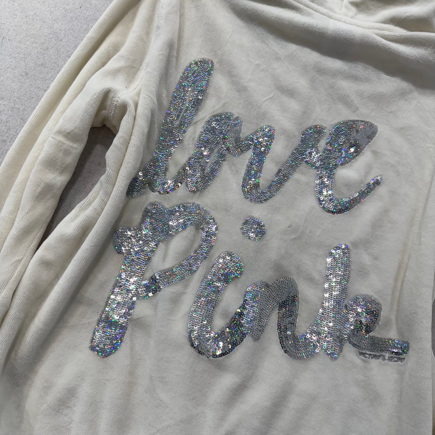 PINK Victoria's Secret Women's Ivory Full Zip Hoodie Sequins Graphic Size M