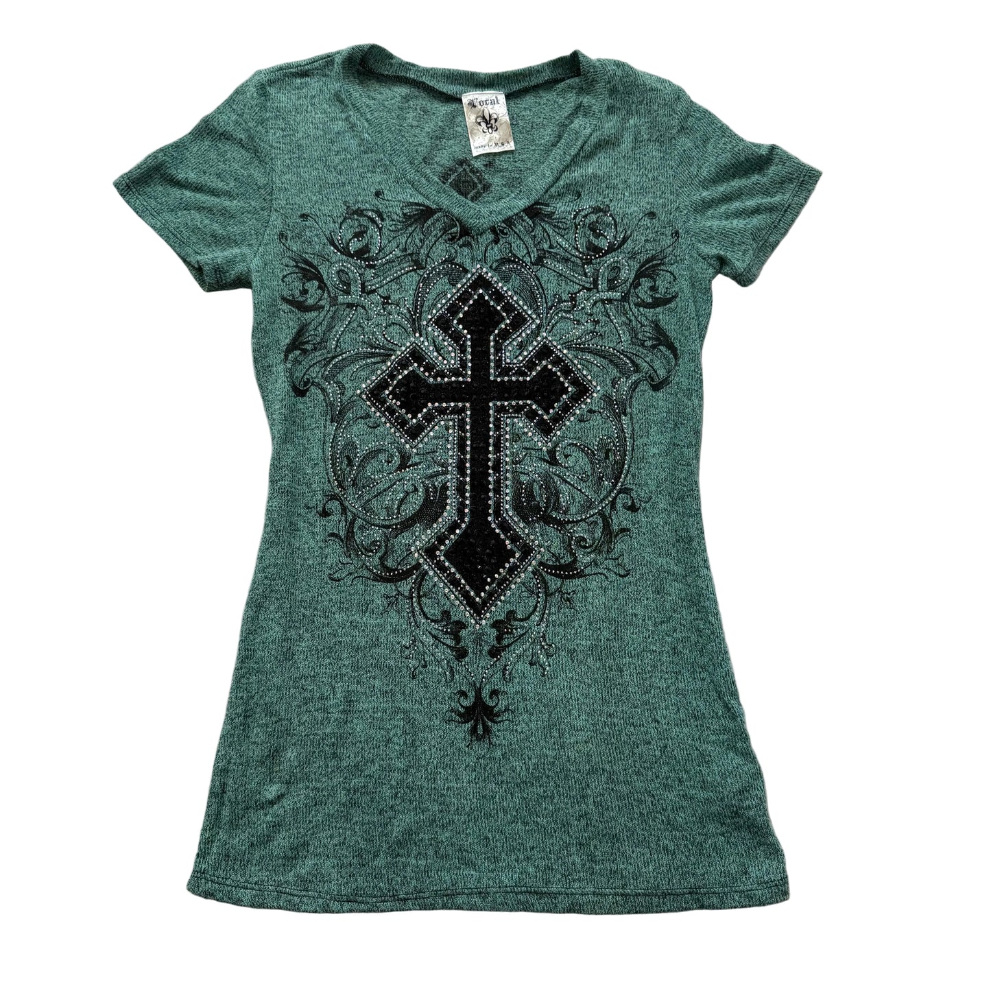 Vocal Women's Blue Green Cross Graphic V-Neck Top Rhinestone Stretch Size M