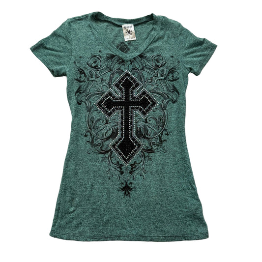 Vocal Women's Blue Green Cross Graphic V-Neck Top Rhinestone Stretch Size M