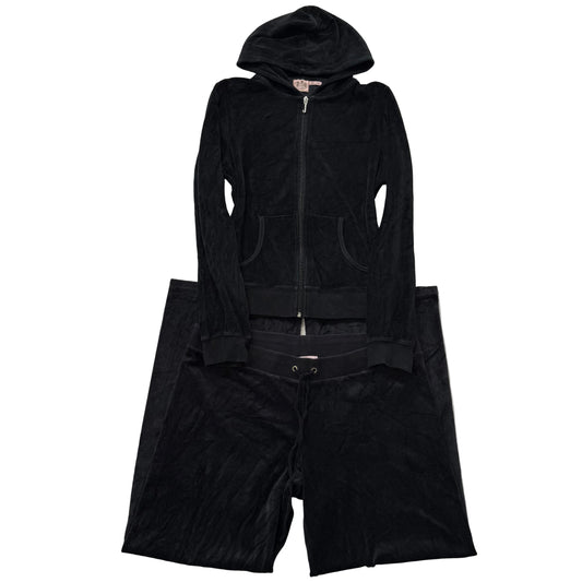 Juicy Couture Women's Black Velour Tracksuit Set Hoodie & Flared Pants Size XL