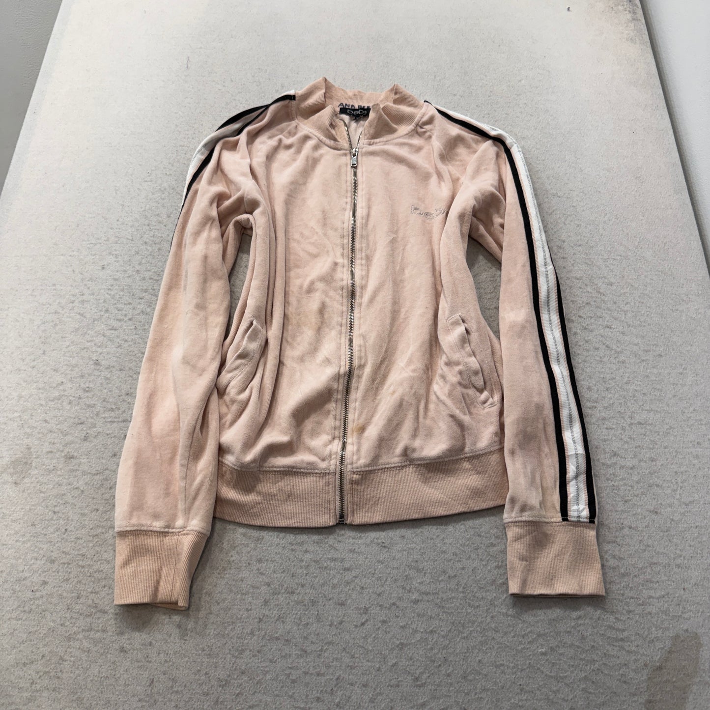 Bebe Women's Baby Pink Velour Full Zip Track Jackets Sleeve Striped Logo Size XL