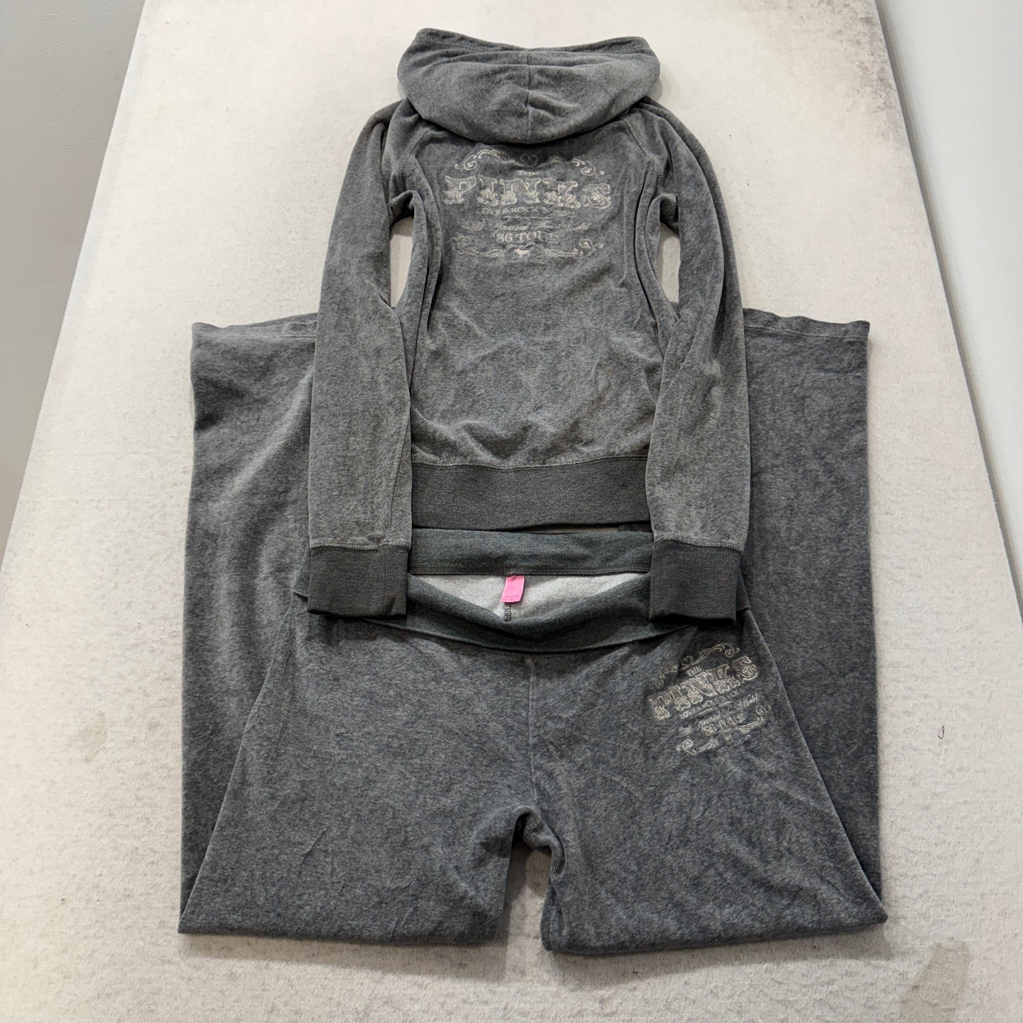 Victoria's Secret PINK 86 Tour Women Gray Velour Tracksuit Set Hoodie & Pant M/S